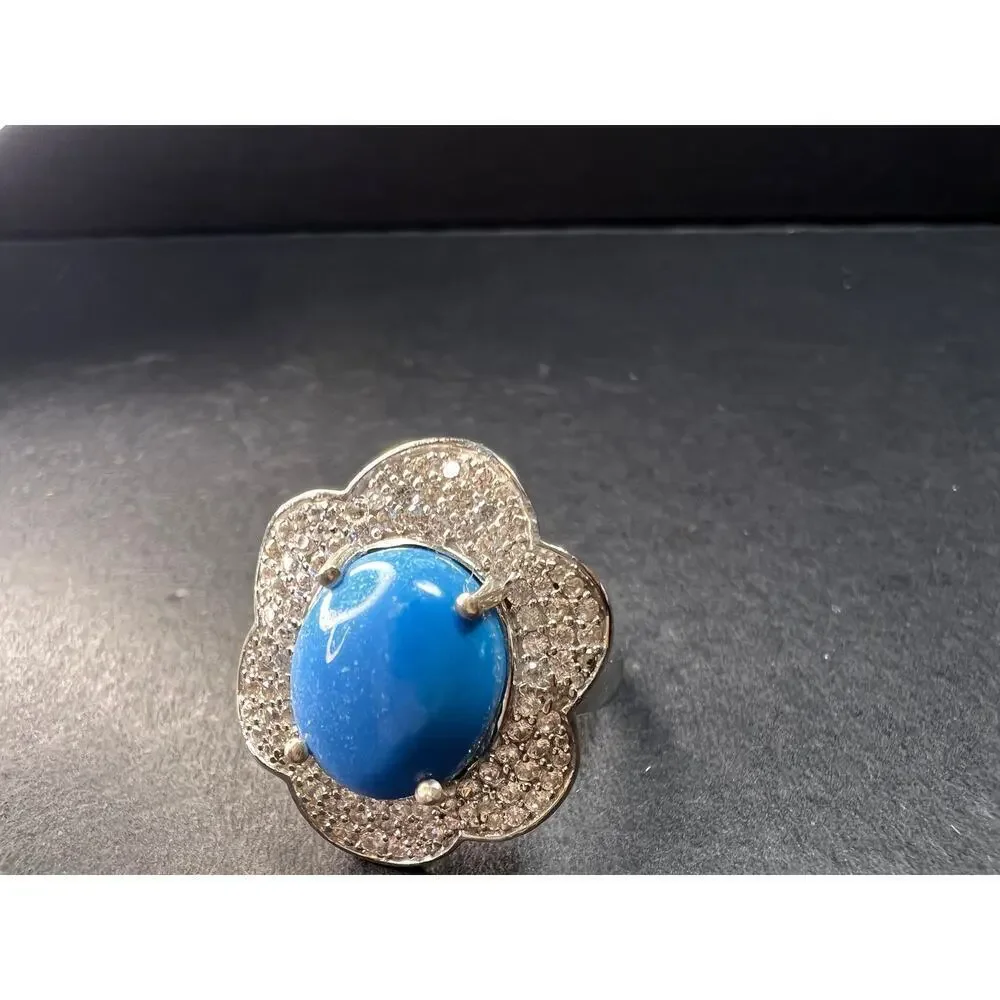 NEW Ceruleite and zircon blossom ring in rhodium over sterling silver size 8